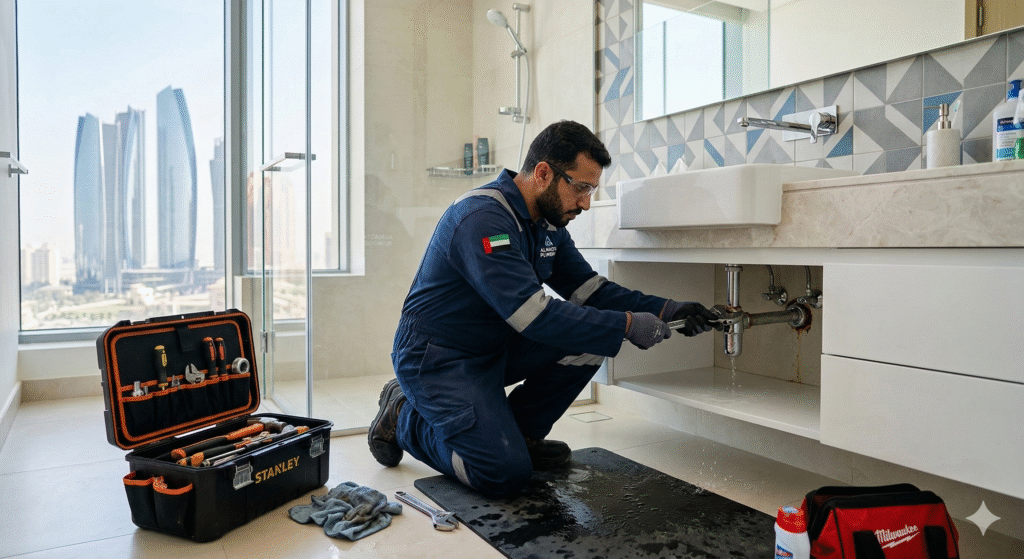 Professional plumber repairing a sink in a modern Abu Dhabi bathroom